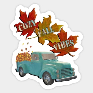 Cozy Fall Vibes Quote Graphic Autumn Leaves & Pickup Truck Gift Sticker